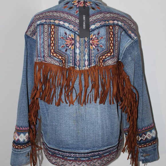 NWT Driftwood Denim Aztec Fringe Trim Jean Jacket Western Embroidered Rowan - Picture 3 of 10